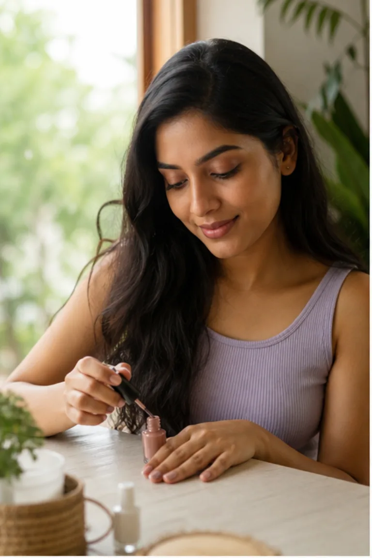Illustrative daily-use scene for Nail Colour — Muted Rose