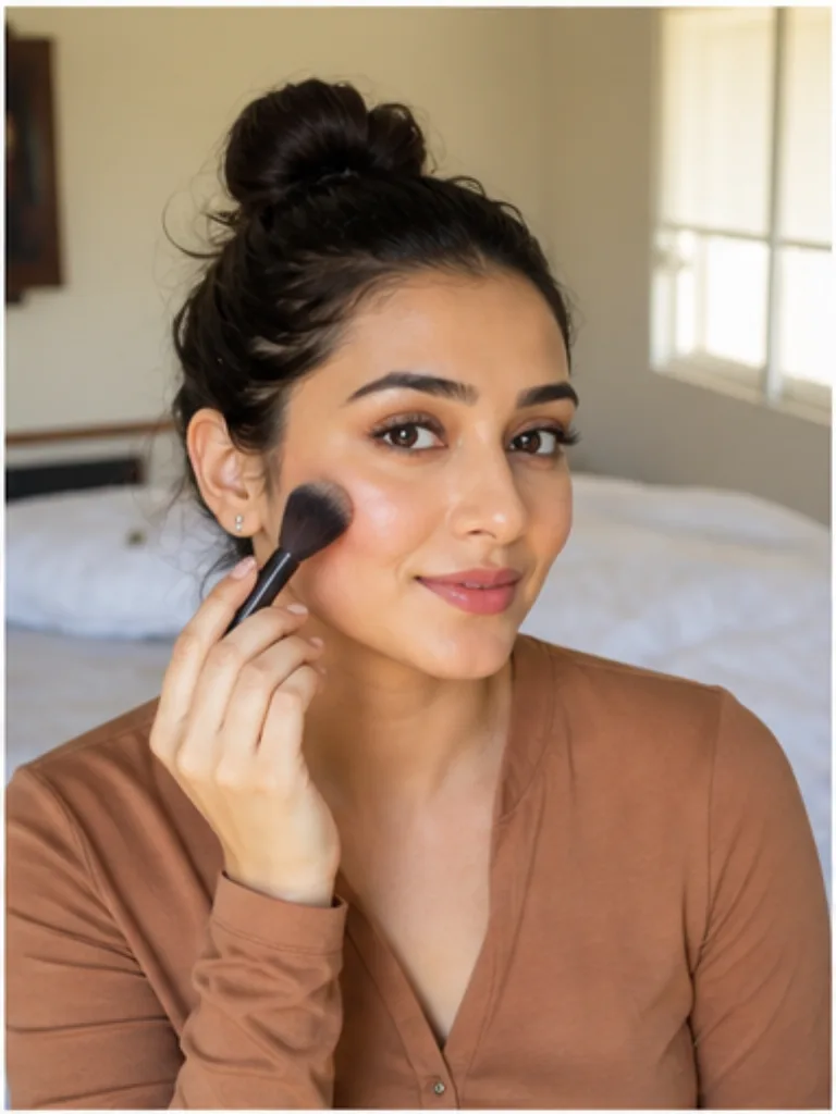 Illustrative daily-use scene for Pressed Face Powder — Warm Beige