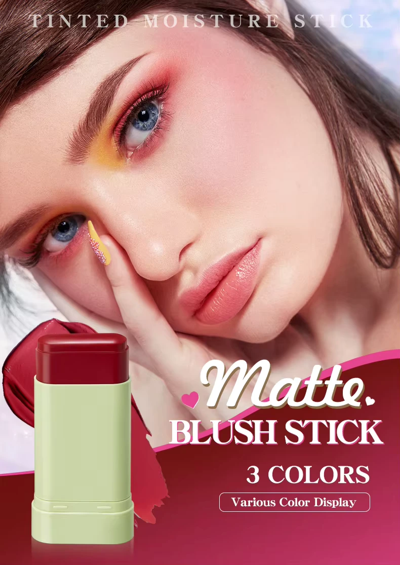 Product reference image showing a woman and a pale-green lip and cheek tint stick