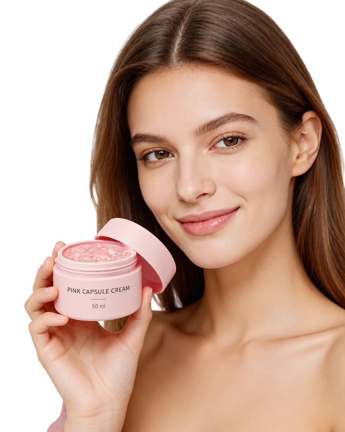 Reference-based illustration of a woman holding a pink face-cream jar
