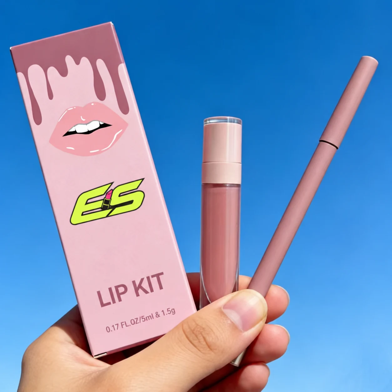 ES nude liquid lip and liner kit packaging preview with one liquid lip colour and one lip liner